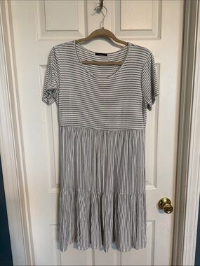 Staccato White and Black Striped Tiered Midi Dress